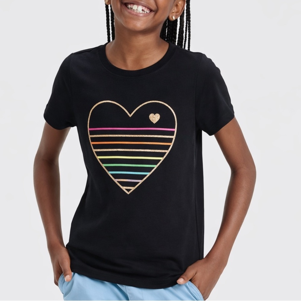 Cat & Jack Black Tee with gold shimmer Rainbow Heart girls large 10/12